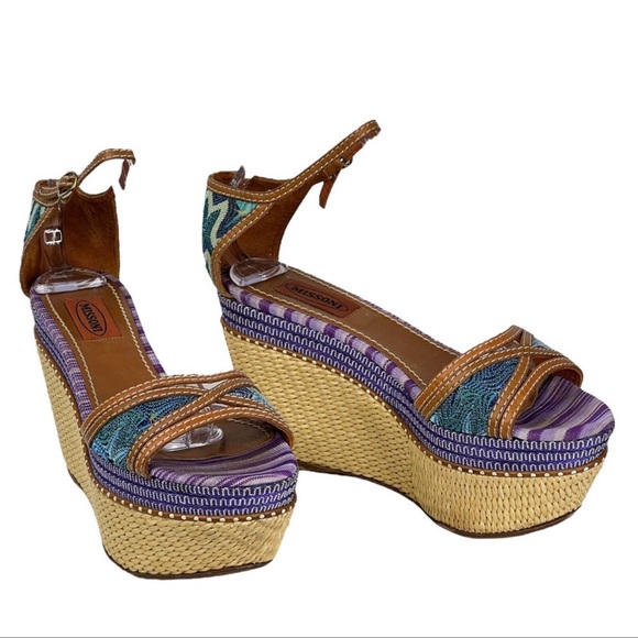 Missoni TM 26 Platform Multicolor Raffia Crochet Wedge Heel Sandals EU 38 US 8 - Picture 2 of 4